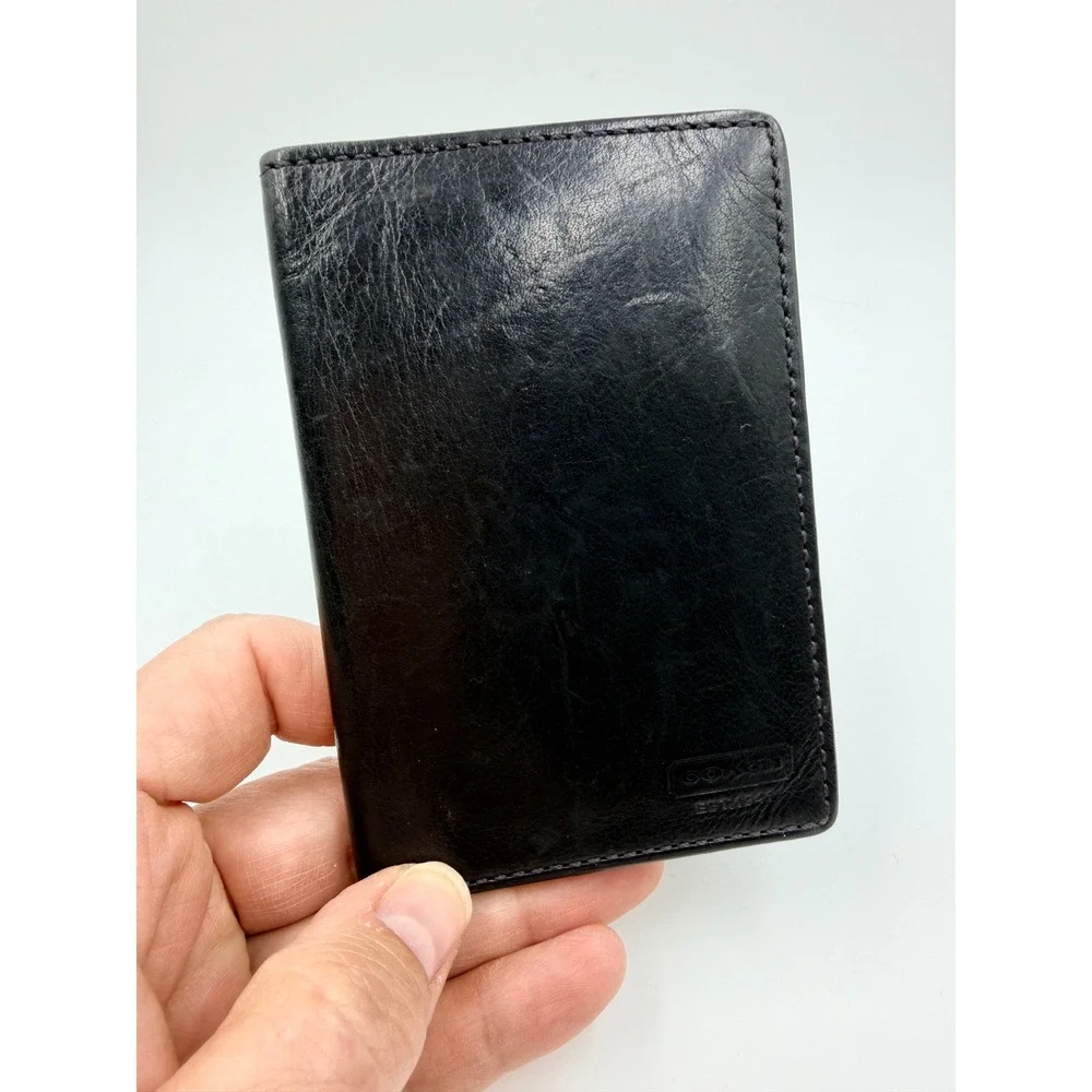 Coach Mens Black Leather Bifold Card Case Money Wallet Minimalist Slim Logo